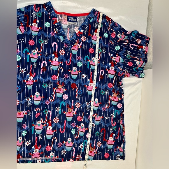 Tafford Scrub Top Christmas Santa Reindeers Snowman Cupcake Candy Cane Navy Lg - Picture 5 of 8
